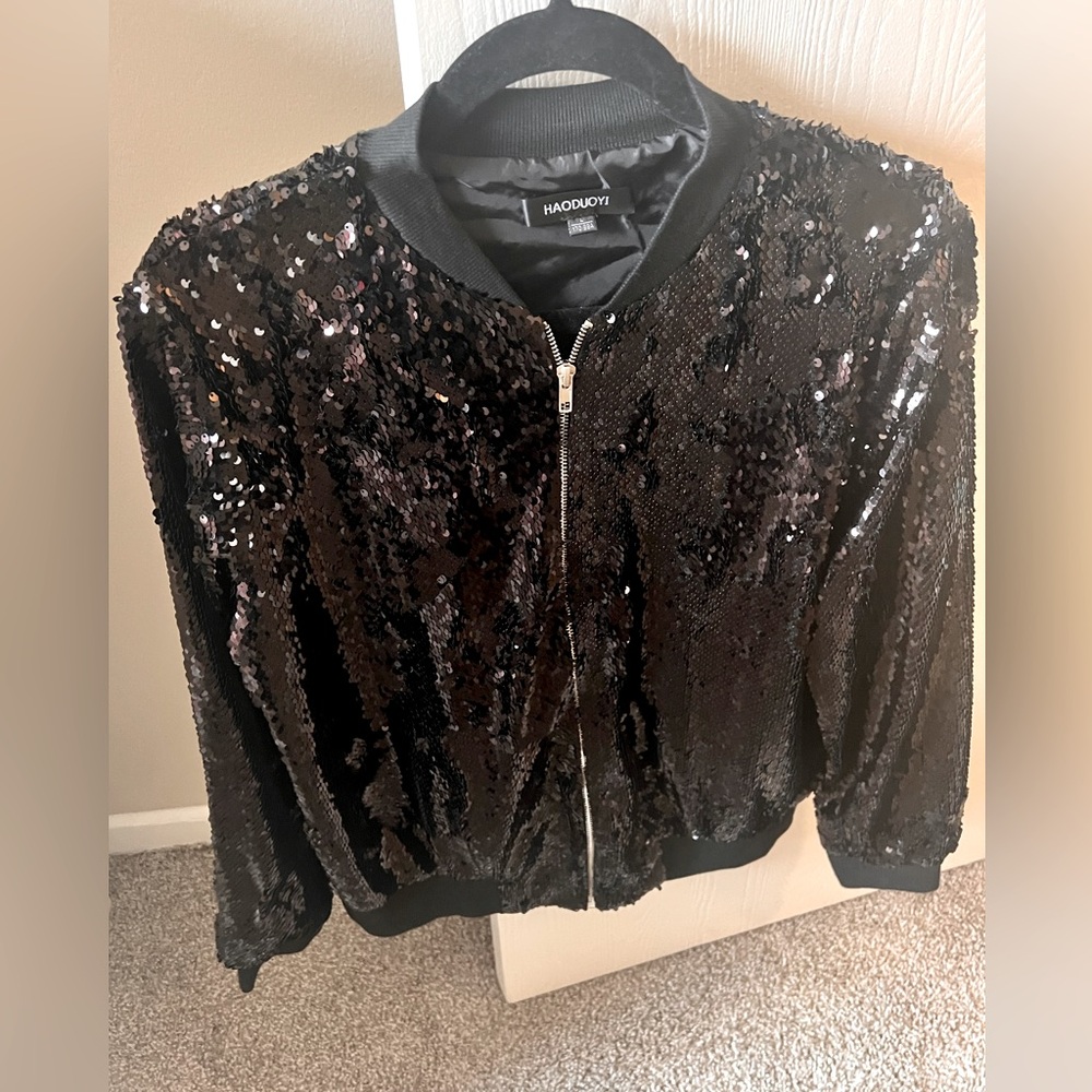 Black sequin zip up bomber jacket, size large, new without tags
